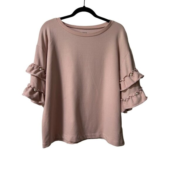 Ruffled Pearl Accent 3/4 Sleeve Blouse Large Ana A New Approach - Picture 1 of 7